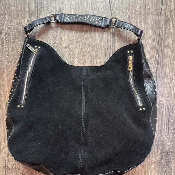 INC International Concepts Handbags - I-N-C Black Suede and Leather Studded Hobo Bag